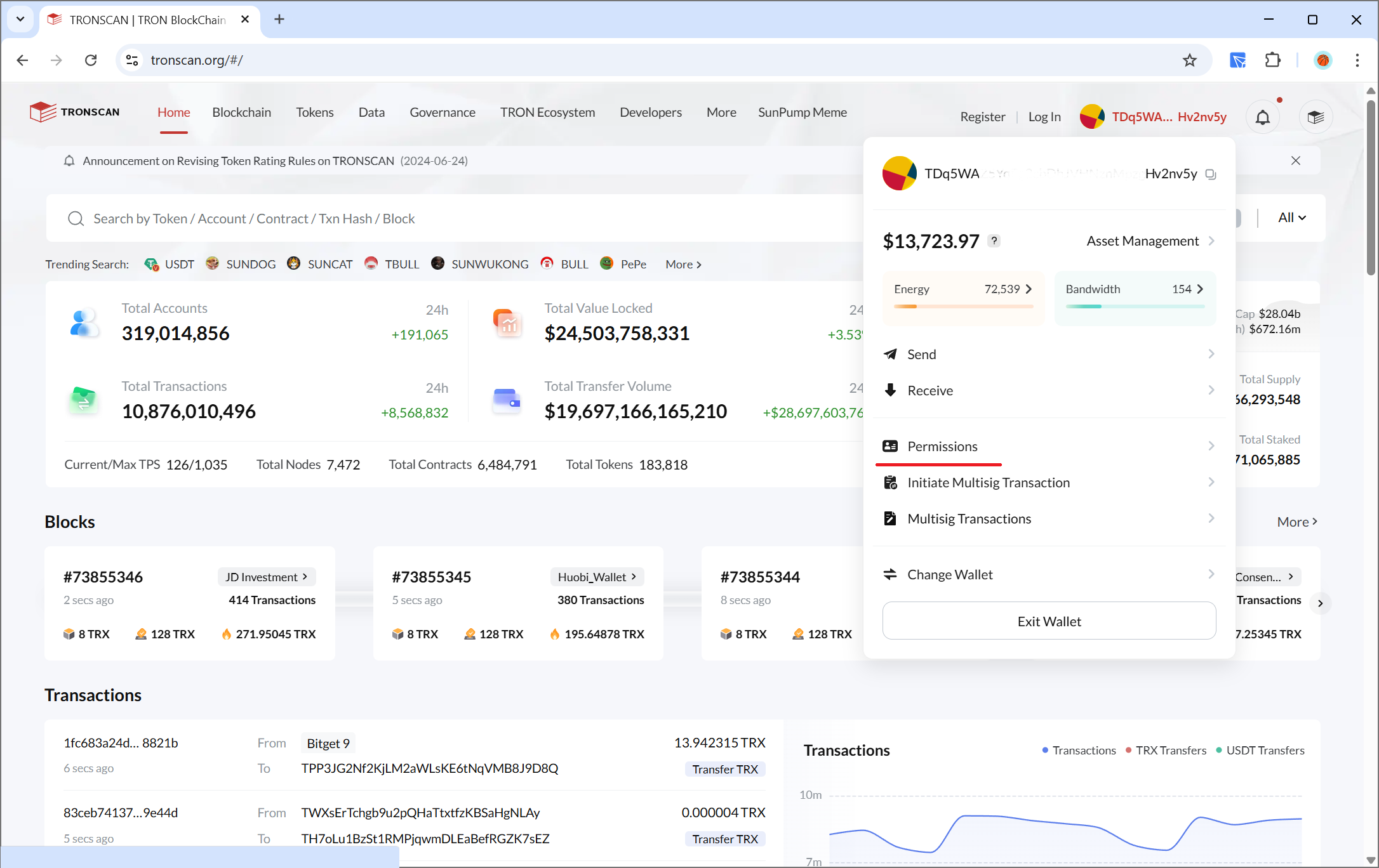 TronScan dashboard with TronLink connection